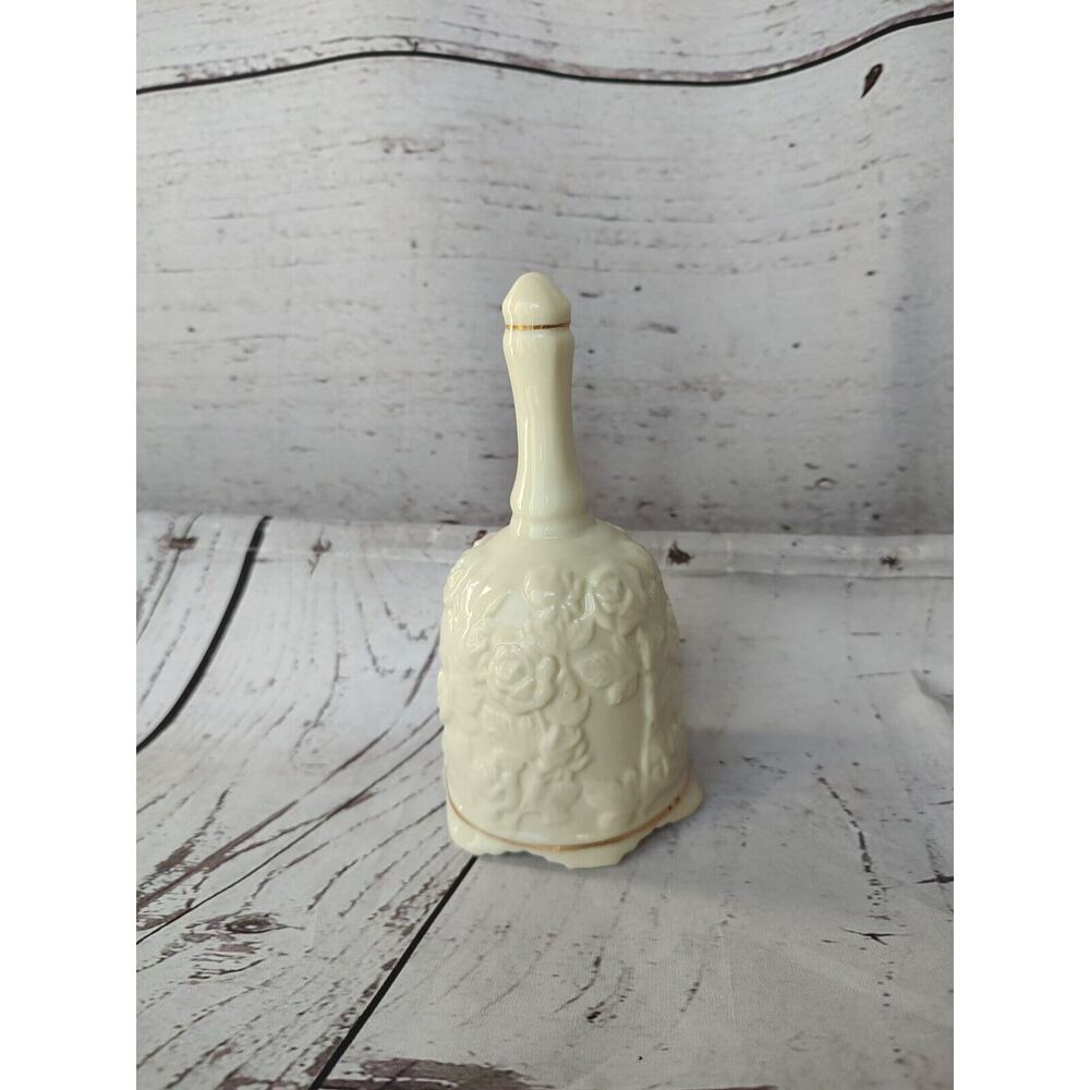 Porcelain Ivory Hand Bell With Raised Roses and Leaves Design and Gold Trim